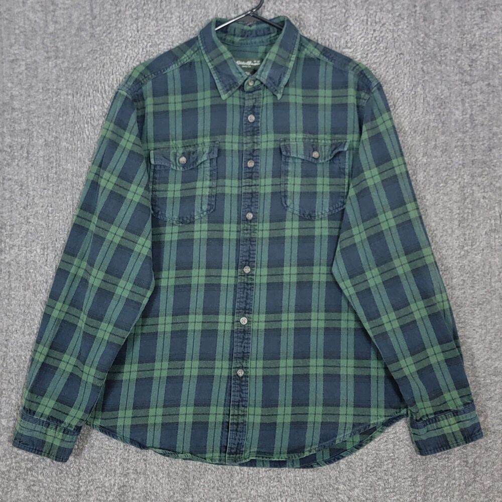 Eddie Bauer Shirt Mens XL Green Blue Plaid Flannel Long Sleeve Button Up Pockets